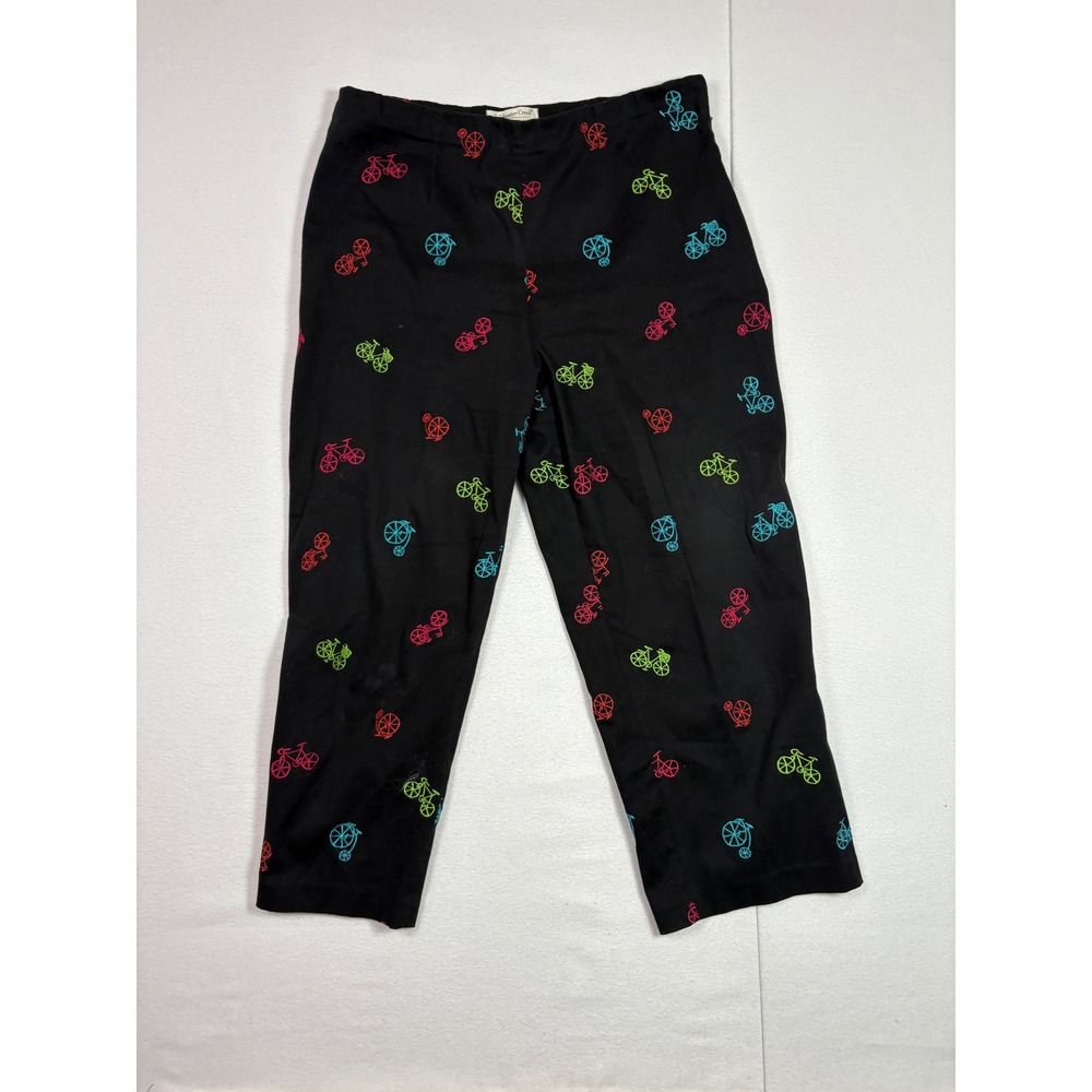 Coldwater Creek Womens 12 Black Embroidered Bicycle Ankle Pants Side Zip Stretch